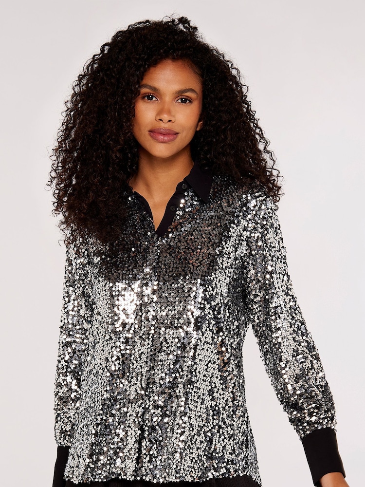 Apricot Silver Sequin Button Down Blouses - Image 1 of 5