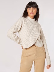 Apricot Cream Cable Knit Wrap Over Mock Neck Jumper - Image 2 of 4