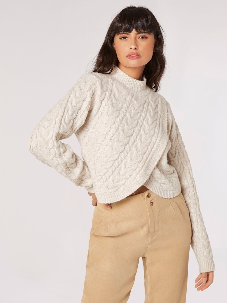Apricot Cream Cable Knit Wrap Over Mock Neck Jumper - Image 2 of 4