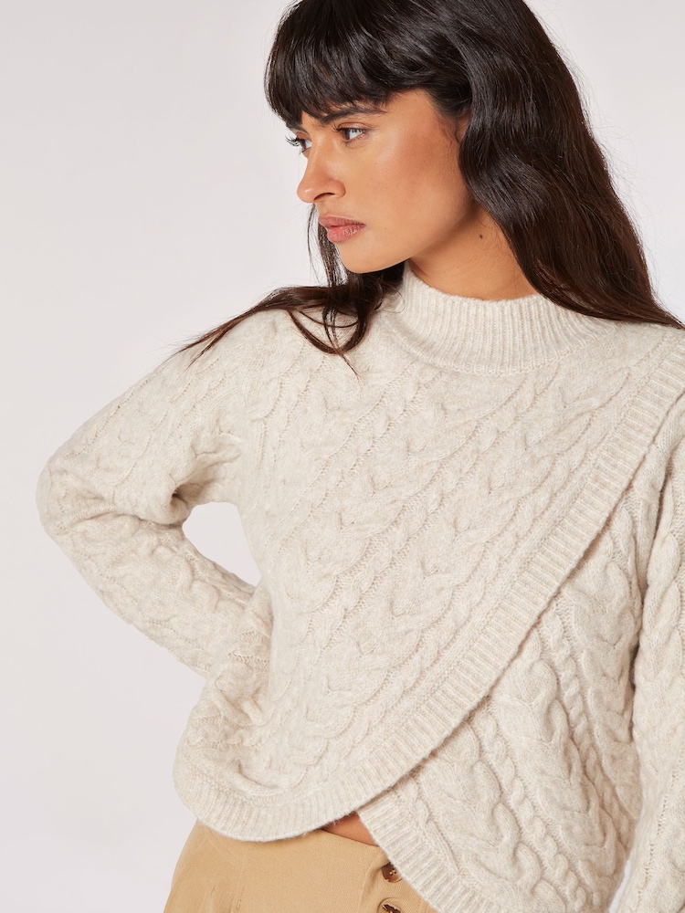 Apricot Cream Cable Knit Wrap Over Mock Neck Jumper - Image 4 of 4