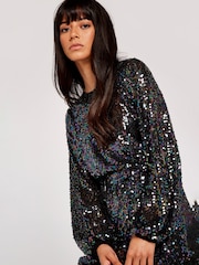 Apricot Black Sequin Puff Sleeve Tie Waist Dress - Image 2 of 6