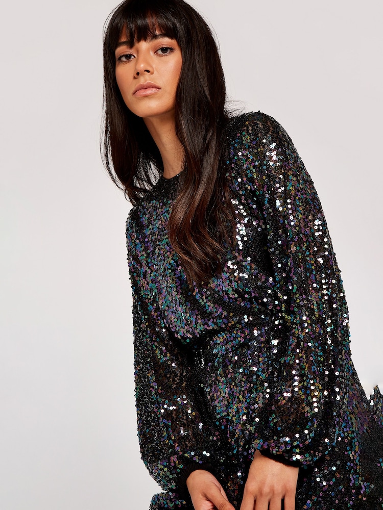 Apricot Black Sequin Puff Sleeve Tie Waist Dress - Image 2 of 6