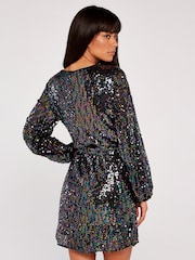 Apricot Black Sequin Puff Sleeve Tie Waist Dress - Image 3 of 6
