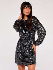 Apricot Black Sequin Puff Sleeve Tie Waist Dress - Image 4 of 6