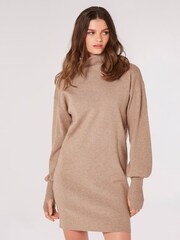 Apricot Cream Roll Neck Fine Gauge Soft Knit Dress - Image 1 of 4