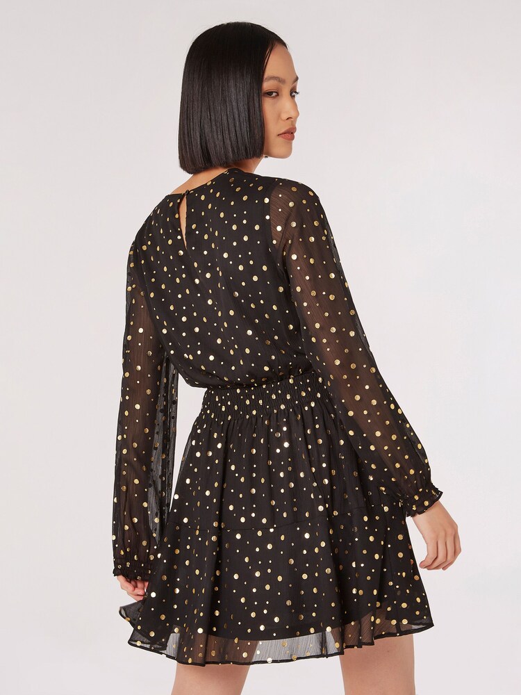 Apricot Black Gold Foil Spot Chiffon Dress - Image 2 of 4