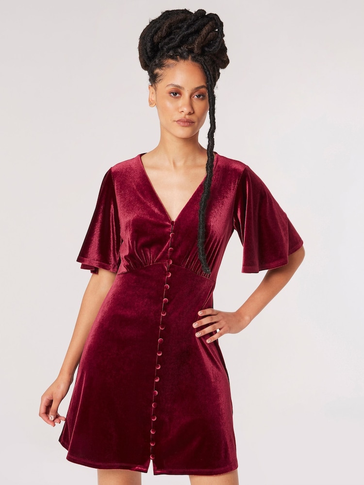 Apricot Red Angel Sleeve Velvet Dress - Image 1 of 4
