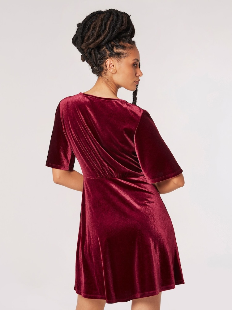 Apricot Red Angel Sleeve Velvet Dress - Image 2 of 4