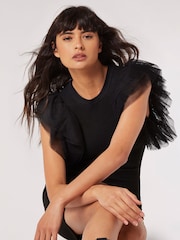 Apricot Black TulleSleeve Knitted Bodycon Dress - Image 4 of 4