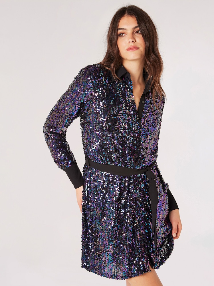 Apricot Blue Sequin Contrast Shirt Dress - Image 1 of 5
