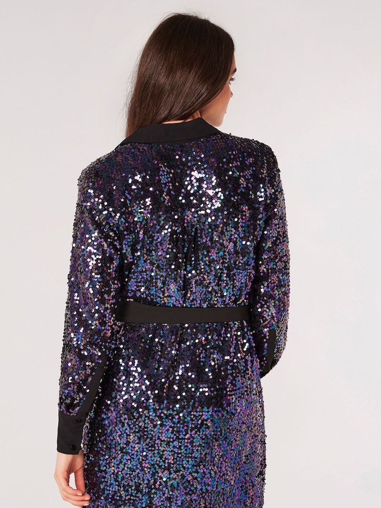 Apricot Blue Sequin Contrast Shirt Dress - Image 2 of 5