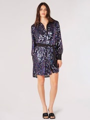 Apricot Blue Sequin Contrast Shirt Dress - Image 3 of 5