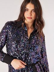 Apricot Blue Sequin Contrast Shirt Dress - Image 4 of 5