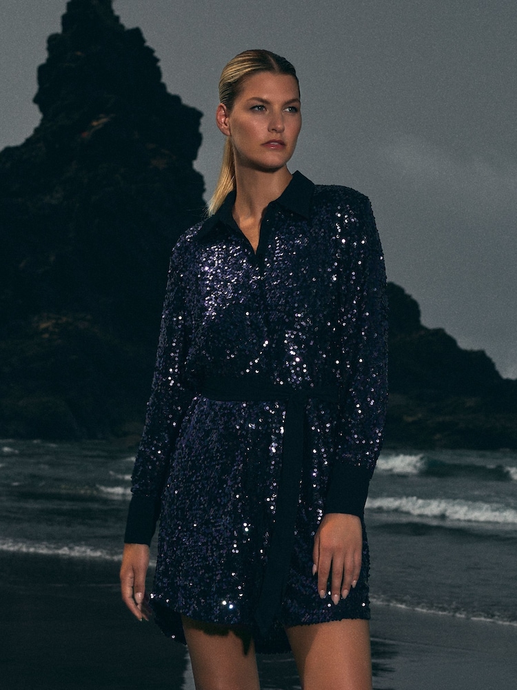 Apricot Blue Sequin Contrast Shirt Dress - Image 5 of 5 Apricot Blue Sequin Contrast Shirt Dress - Image 5 of 5