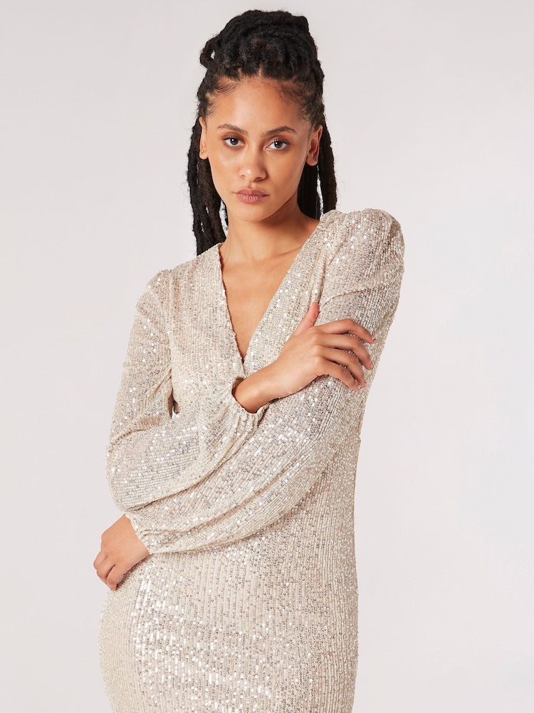 Apricot Natural Sequin X-Over Bodycon Dress - Image 1 of 4 Apricot Natural Sequin X-Over Bodycon Dress - Image 1 of 4