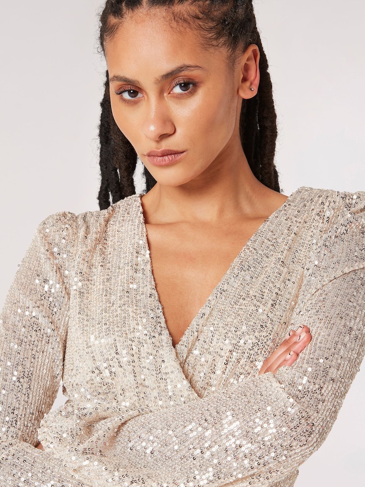 Apricot Natural Sequin X-Over Bodycon Dress - Image 4 of 4 Apricot Natural Sequin X-Over Bodycon Dress - Image 4 of 4