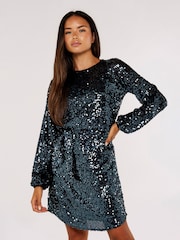 Apricot Multi Sequin Puff Sleeve Tie Waist Dress - Image 1 of 5