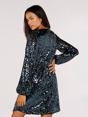Apricot Multi Sequin Puff Sleeve Tie Waist Dress - Image 2 of 5