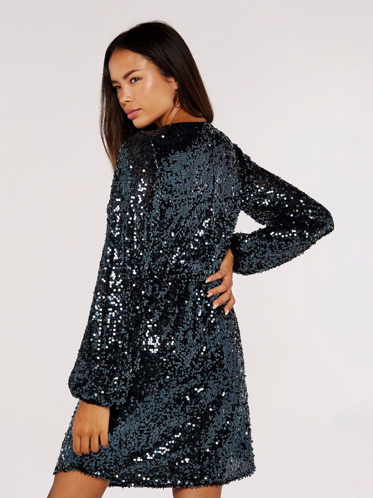 Apricot Multi Sequin Puff Sleeve Tie Waist Dress - Image 2 of 5 Apricot Multi Sequin Puff Sleeve Tie Waist Dress - Image 2 of 5