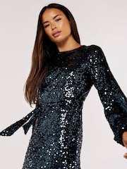Apricot Multi Sequin Puff Sleeve Tie Waist Dress - Image 4 of 5
