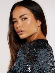 Apricot Multi Sequin Puff Sleeve Tie Waist Dress - Image 5 of 5