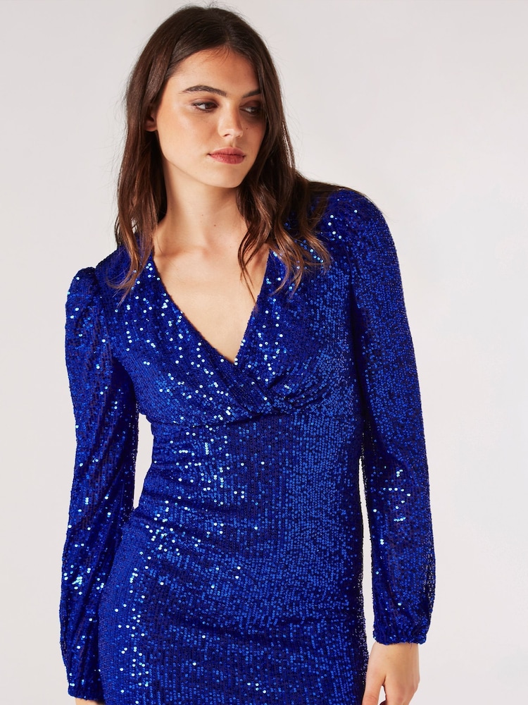 Apricot Blue Sequin X-Over Bodycon Dress - Image 1 of 4 Apricot Blue Sequin X-Over Bodycon Dress - Image 1 of 4