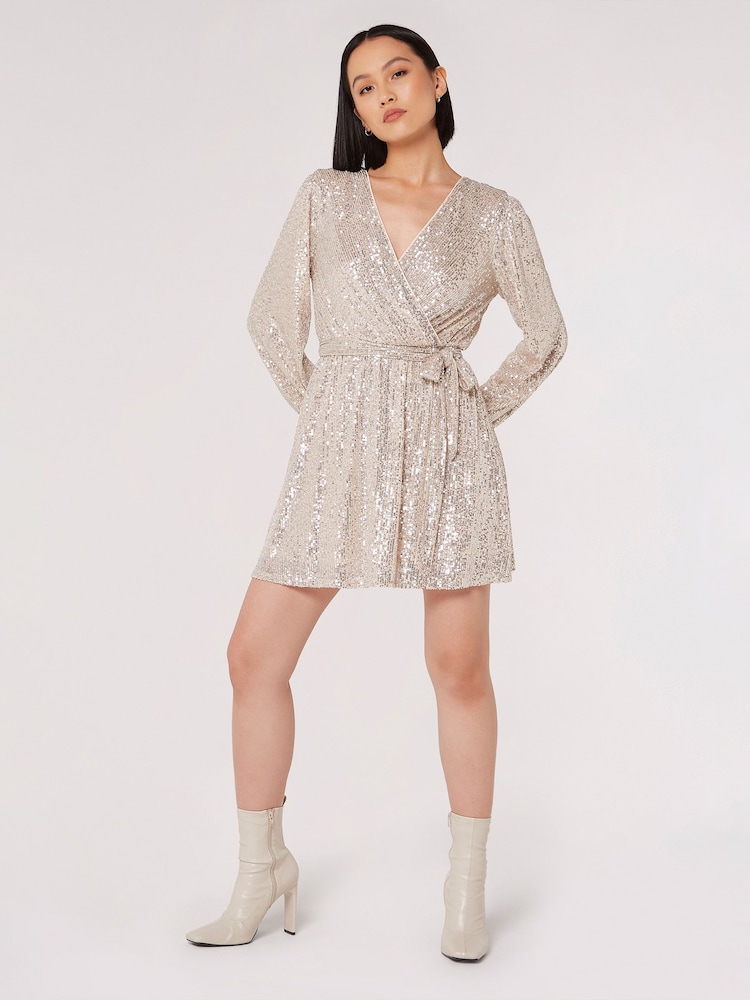 Apricot Silver Sequins Wrap Front Dress - Image 1 of 4 Apricot Silver Sequins Wrap Front Dress - Image 1 of 4