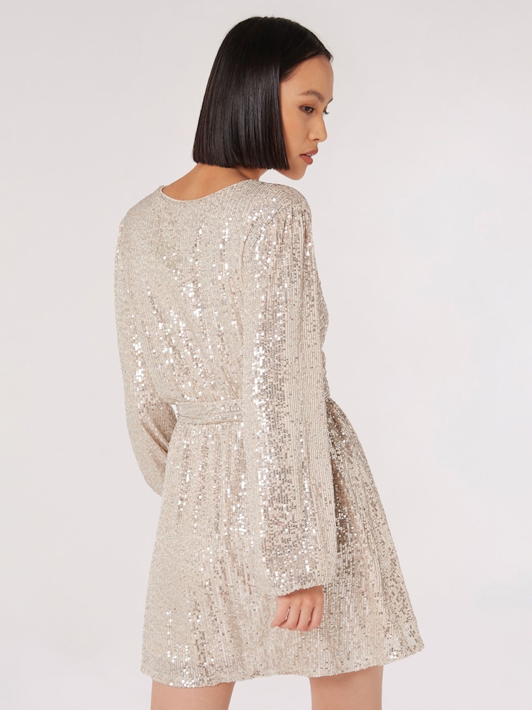 Apricot Silver Sequins Wrap Front Dress - Image 2 of 4 Apricot Silver Sequins Wrap Front Dress - Image 2 of 4