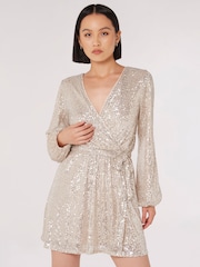 Apricot Silver Sequins Wrap Front Dress - Image 3 of 4