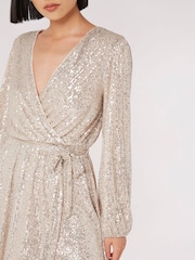 Apricot Silver Sequins Wrap Front Dress - Image 4 of 4