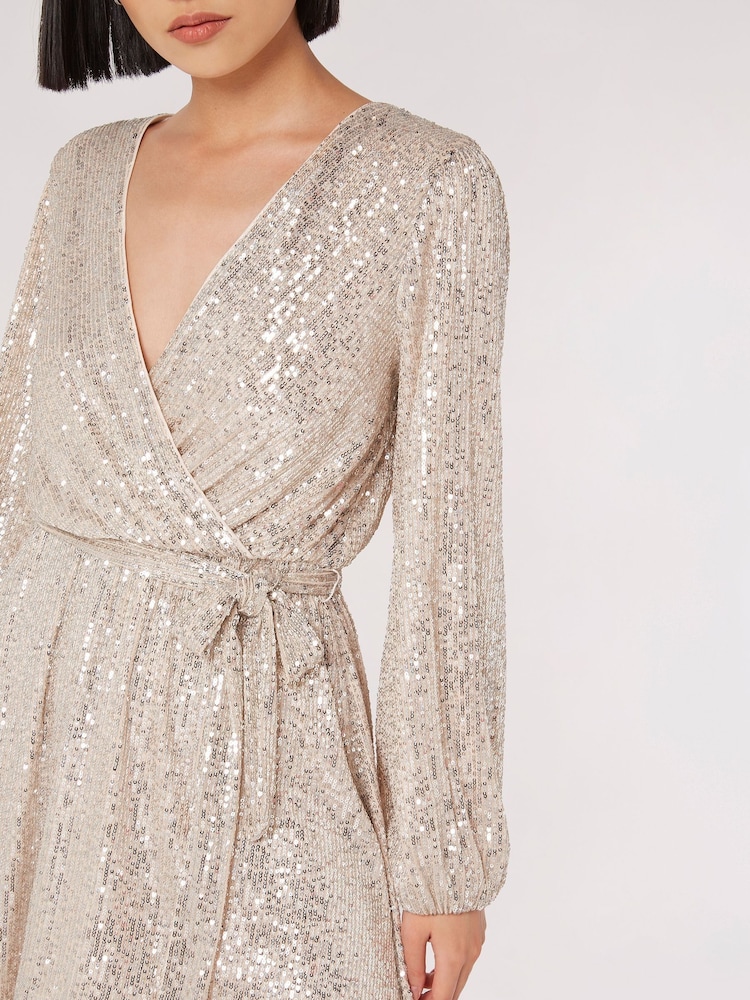 Apricot Silver Sequins Wrap Front Dress - Image 4 of 4 Apricot Silver Sequins Wrap Front Dress - Image 4 of 4