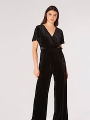Apricot Black Angel Sleeve Velvet Wrap Jumpsuit - Image 1 of 4