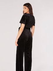 Apricot Black Angel Sleeve Velvet Wrap Jumpsuit - Image 2 of 4