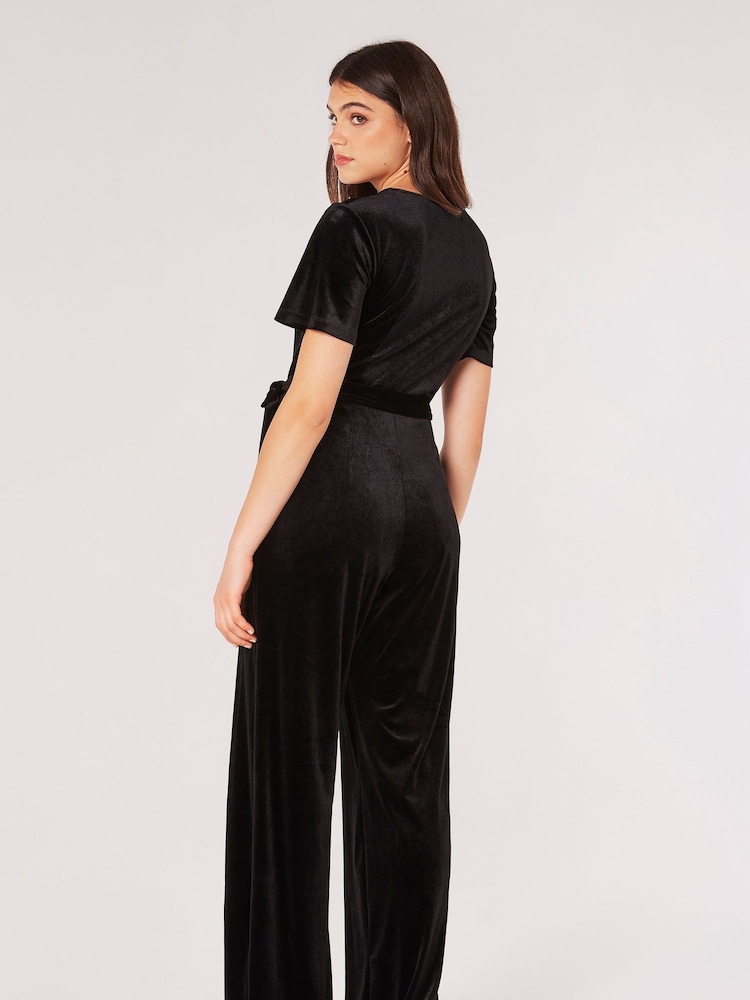 Apricot Black Angel Sleeve Velvet Wrap Jumpsuit - Image 2 of 4