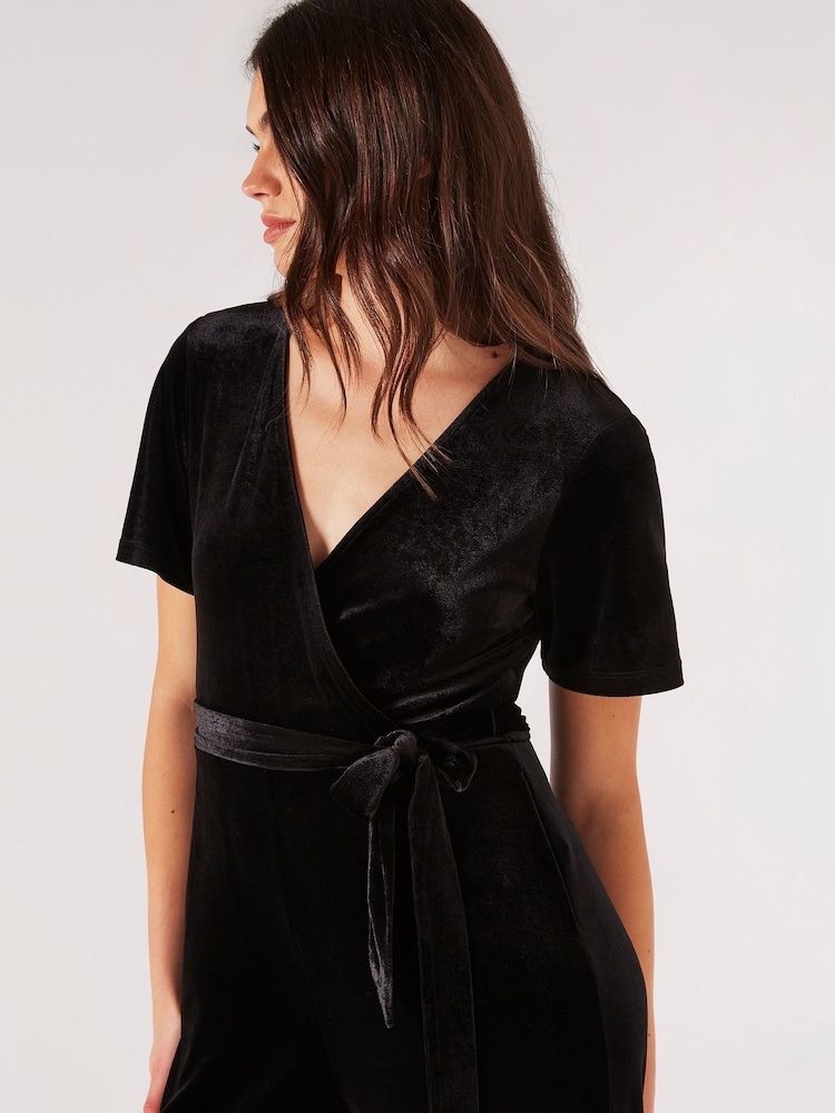 Apricot Black Angel Sleeve Velvet Wrap Jumpsuit - Image 4 of 4