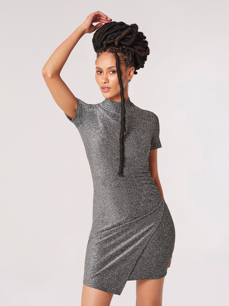Apricot Silver Sparkle Side Ruched Wrap Dress - Image 1 of 5