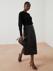 FatFace Black Anya Leather Midi Skirt - Image 3 of 5