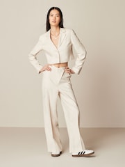 Neutral Asymmetric Waistband Tailored Wide Leg Linen Blend Trousers - Image 1 of 6