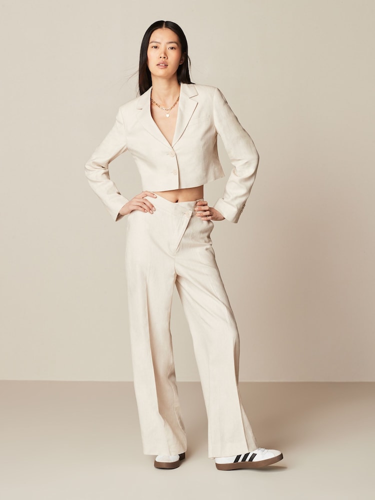 Neutral Asymmetric Waistband Tailored Wide Leg Linen Blend Trousers - Image 1 of 6
