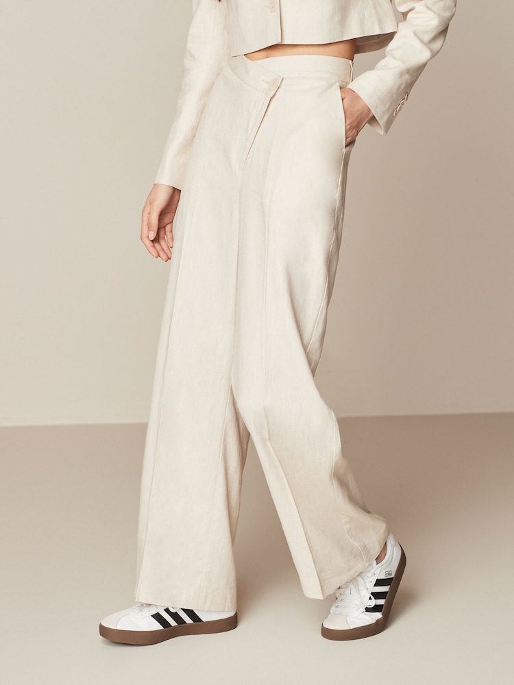 Neutral Asymmetric Waistband Tailored Wide Leg Linen Blend Trousers - Image 2 of 6