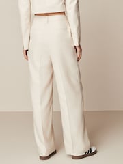 Neutral Asymmetric Waistband Tailored Wide Leg Linen Blend Trousers - Image 3 of 6