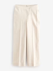 Neutral Asymmetric Waistband Tailored Wide Leg Linen Blend Trousers - Image 5 of 6