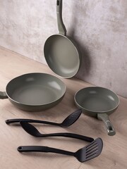 Bergner Set of 3 Black Induction Non-Stick Frying Pans & Utensils Set - Image 1 of 3