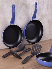 Bergner Set of 3 Blue Induction Non-Stick Frying Pans & Utensils Set - Image 1 of 3