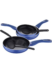 Bergner Set of 3 Blue Induction Non-Stick Frying Pans & Utensils Set - Image 2 of 3
