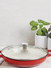 Bergner Red Enamel Cast Iron Shallow 3.3L Casserole with Glass Lid - Image 1 of 4
