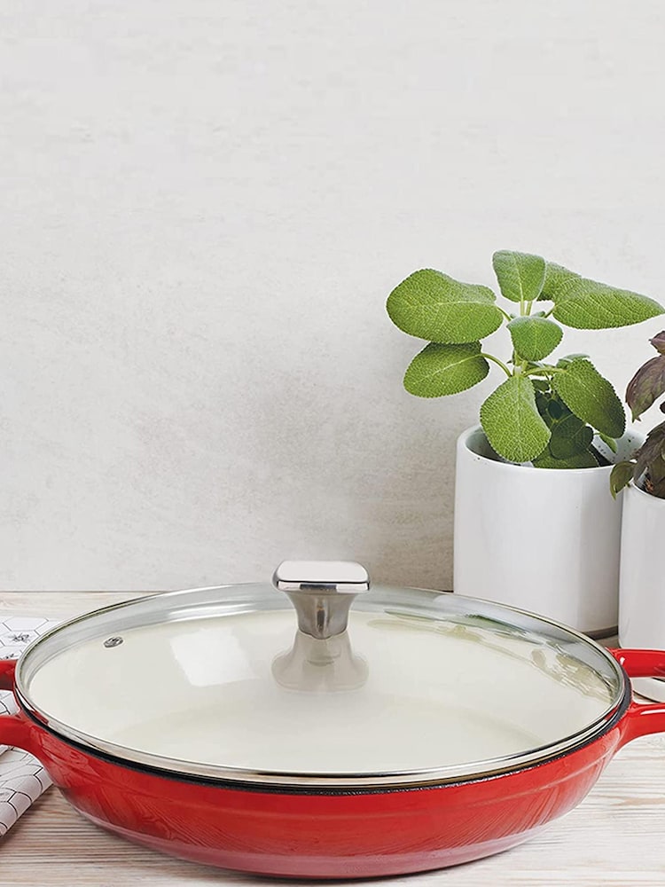 Bergner Red Enamel Cast Iron Shallow 3.3L Casserole with Glass Lid - Image 1 of 4