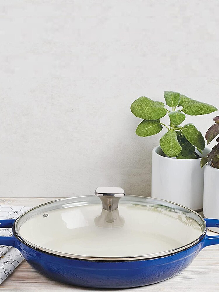 Bergner Blue Enamel Cast Iron Shallow 3.3L Casserole with Glass Lid - Image 2 of 4 Bergner Blue Enamel Cast Iron Shallow 3.3L Casserole with Glass Lid - Image 2 of 4