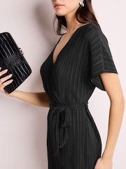 Black Plisse Short Sleeve V-Neck Wide Leg Belted Jumpsuit - Image 3 of 5