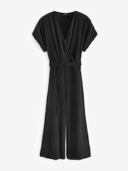 Black Plisse Short Sleeve V-Neck Wide Leg Belted Jumpsuit - Image 4 of 5